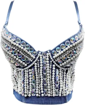 Women's Rhinestone Crop Top Tank Top Bustier Color Camisole Vest Sleeveless Cami Top Shimmer Sequin Sparkly Top