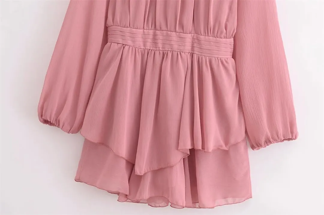 Women's Ruffle Skirt Long Sleeve Belted Mini Dress Lightweight Gauze Skirt