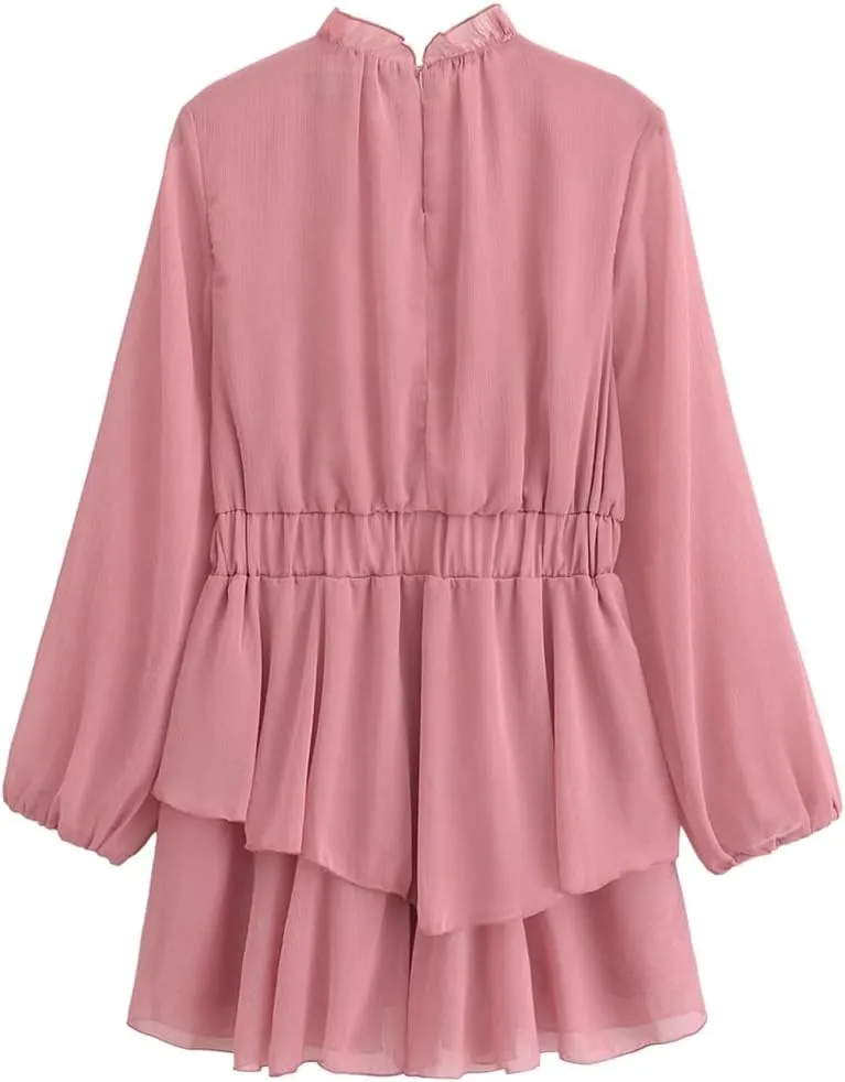 Women's Ruffle Skirt Long Sleeve Belted Mini Dress Lightweight Gauze Skirt