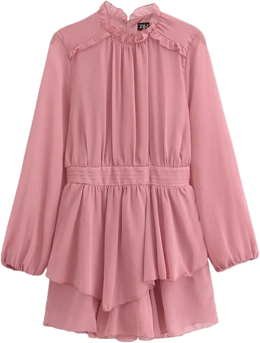 Women's Ruffle Skirt Long Sleeve Belted Mini Dress Lightweight Gauze Skirt