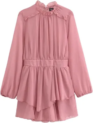 Women's Ruffle Skirt Long Sleeve Belted Mini Dress Lightweight Gauze Skirt