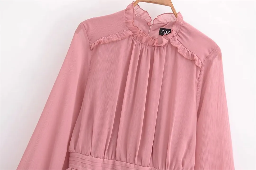 Women's Ruffle Skirt Long Sleeve Belted Mini Dress Lightweight Gauze Skirt