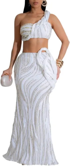 Women's Sequined Long Skirt 2 Piece Outfits One Shoulder Crop Top and Bodycon Maxi Skirts Set Sparkly Party Dress