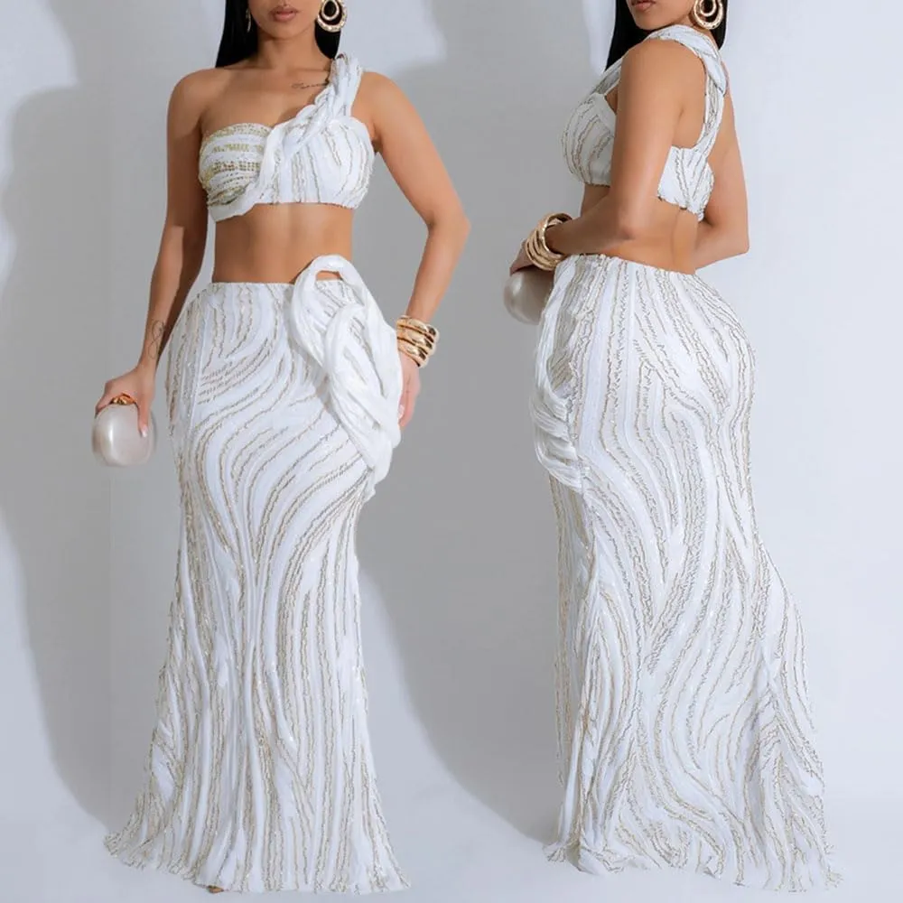 Women's Sequined Long Skirt 2 Piece Outfits One Shoulder Crop Top and Bodycon Maxi Skirts Set Sparkly Party Dress