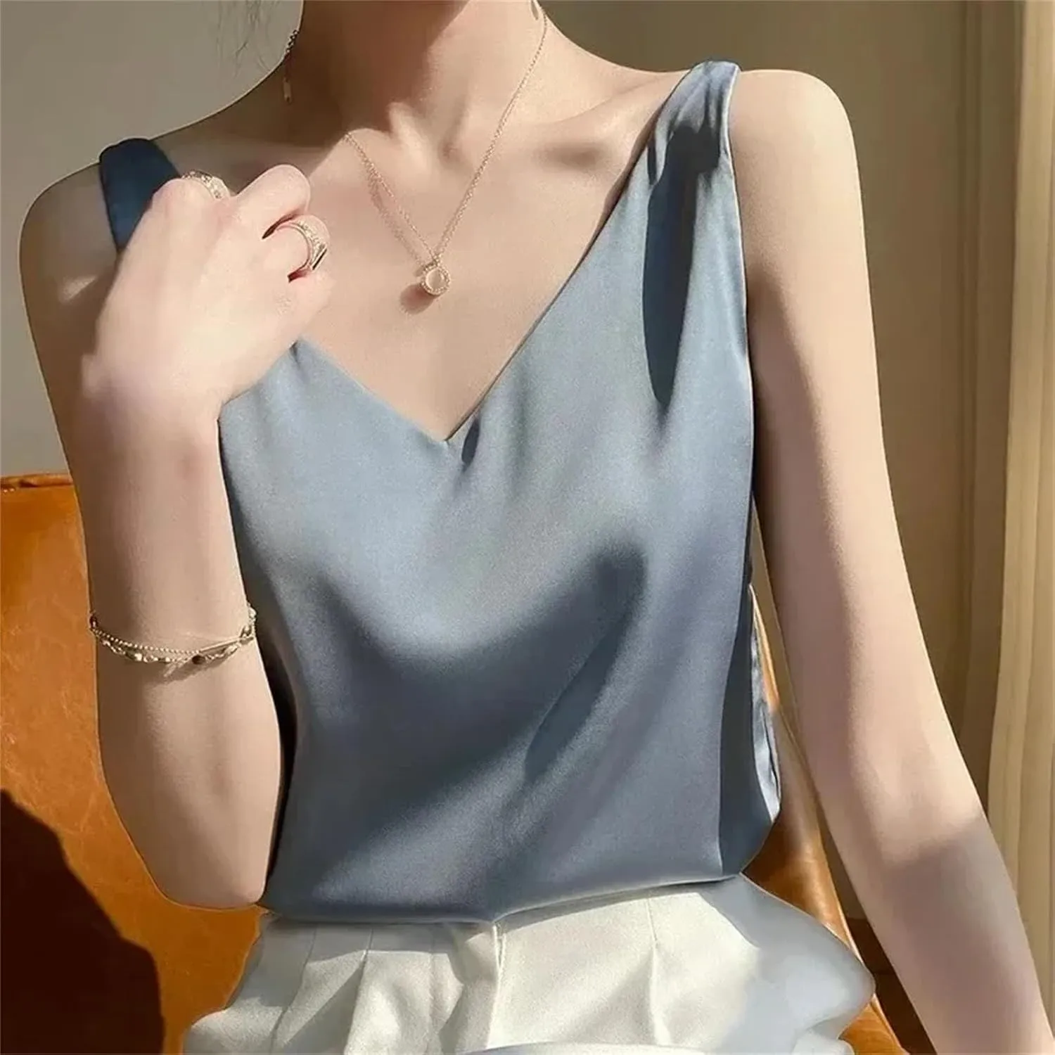 Women's Sexy Strap Crop Tops for Women Trendy V Neck Basic Camisole Summer Sleeveless Satin Silk Tank Tops
