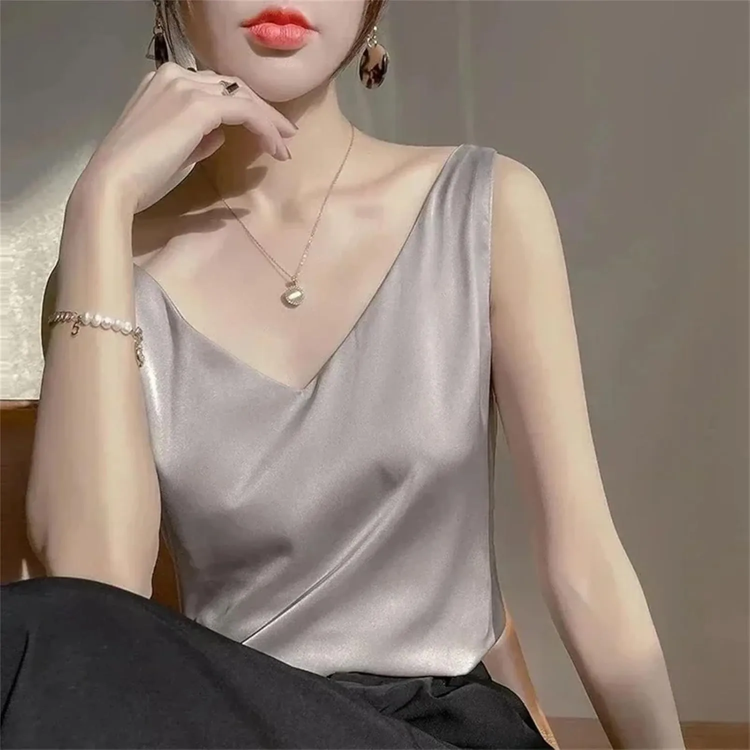 Women's Sexy Strap Crop Tops for Women Trendy V Neck Basic Camisole Summer Sleeveless Satin Silk Tank Tops