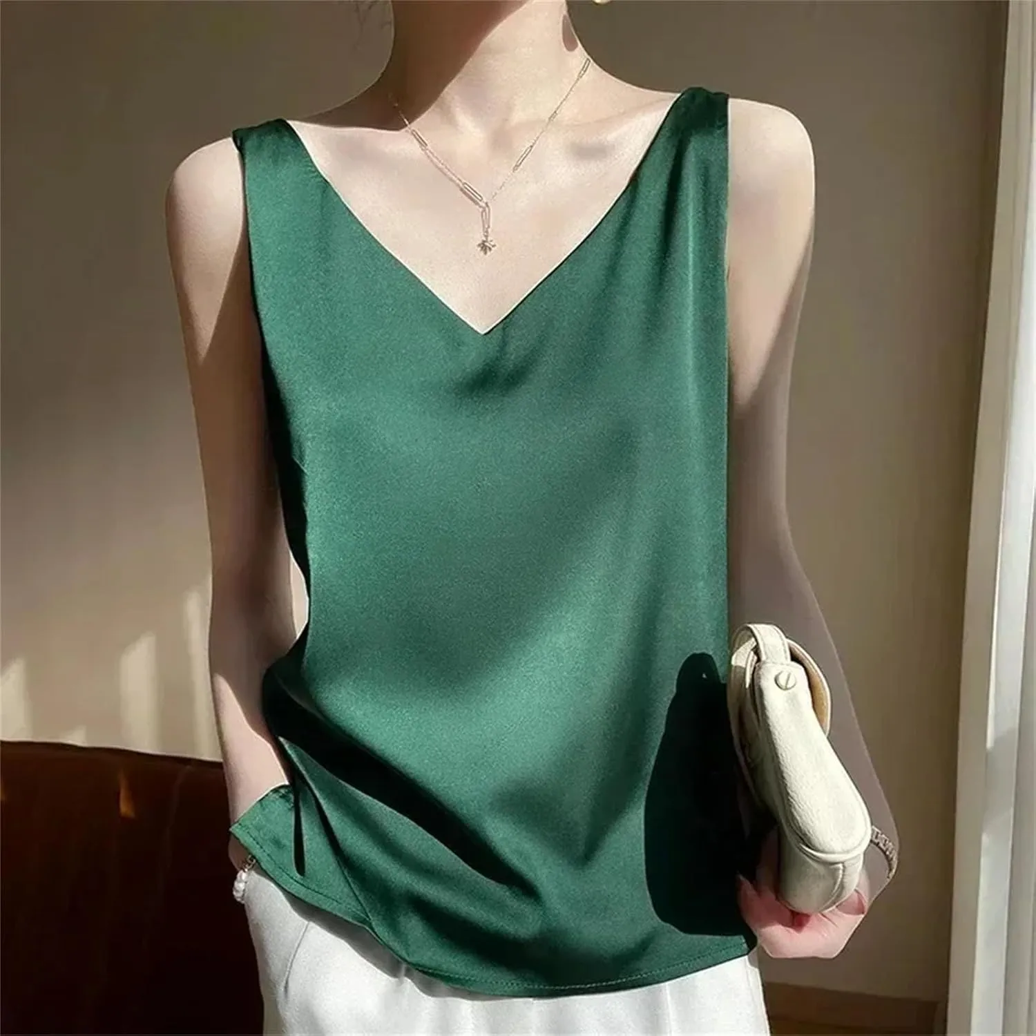 Women's Sexy Strap Crop Tops for Women Trendy V Neck Basic Camisole Summer Sleeveless Satin Silk Tank Tops
