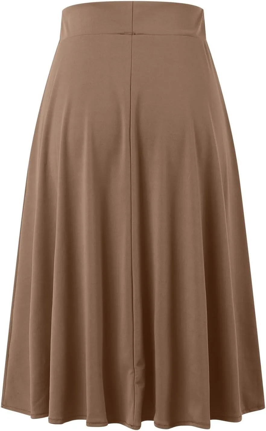 Women's Solid Basic Lightweight Midi Skirts Flare Knee Length Skirt Elastic Waist Office Pleated Skirt