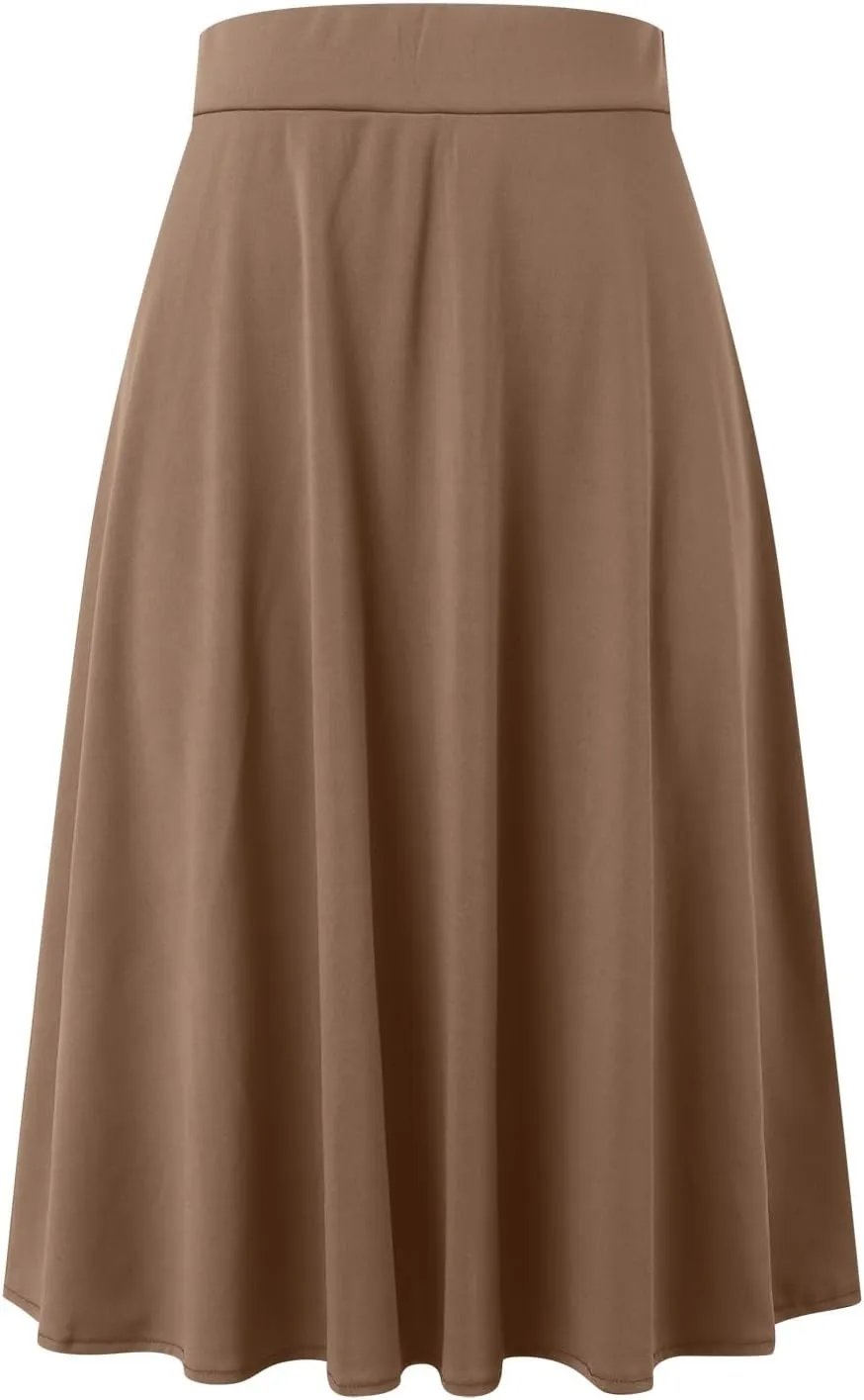 Women's Solid Basic Lightweight Midi Skirts Flare Knee Length Skirt Elastic Waist Office Pleated Skirt