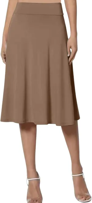Women's Solid Basic Lightweight Midi Skirts Flare Knee Length Skirt Elastic Waist Office Pleated Skirt