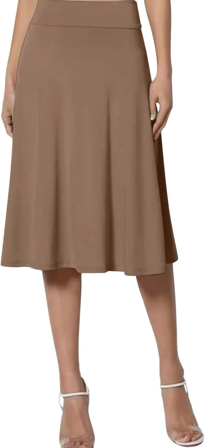 Women's Solid Basic Lightweight Midi Skirts Flare Knee Length Skirt Elastic Waist Office Pleated Skirt