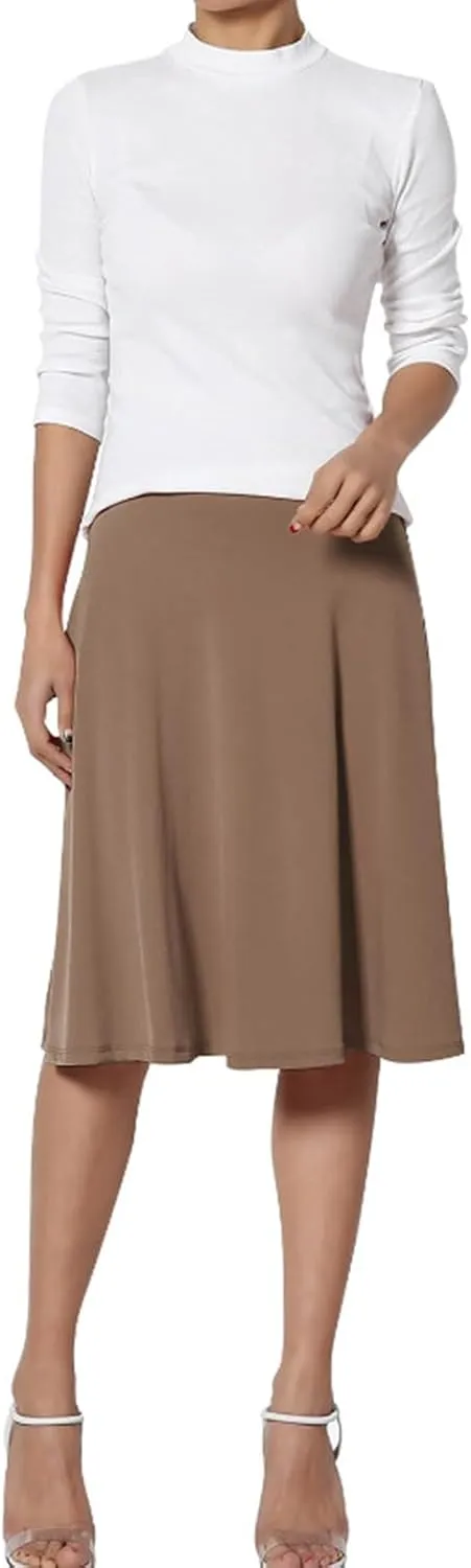 Women's Solid Basic Lightweight Midi Skirts Flare Knee Length Skirt Elastic Waist Office Pleated Skirt