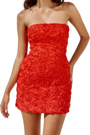 Womens Strapless Mini Dress Sexy Short Bodycon Off Shoulder Stretchy 3D Floral Appliques Tube Top Cocktail Party Dress
