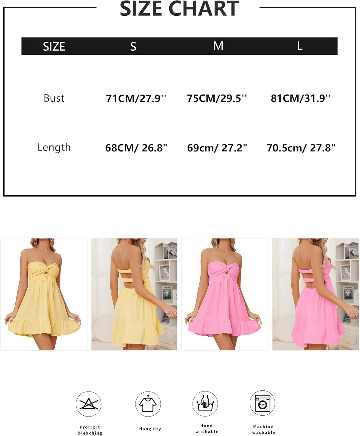 Womens Strapless Mini Dress Twist Knot Front Cut Out Babydoll Dress Smocked Backless Ruffle Hem Tube Dresses