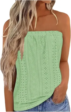Women's Strapless Tube Tops 2025 Trendy Summer Bandeau Eyelet Tank Tops Casual Off The Shoulder Beach Tunic Shirts