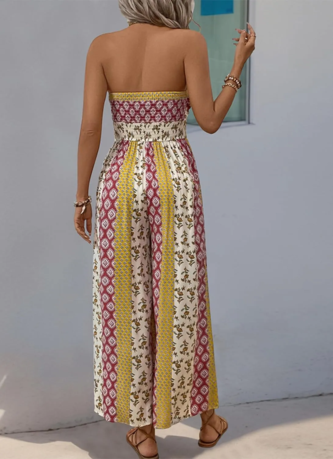 Women's Strapless Twist Front Jumpsuit Casual Off Shoulder Vintage Print High Waist Wide Leg Long Romper Playsuits