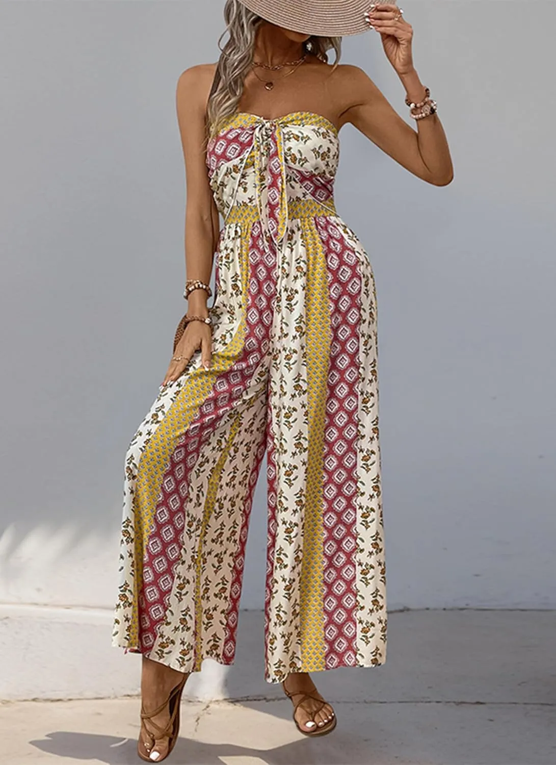 Women's Strapless Twist Front Jumpsuit Casual Off Shoulder Vintage Print High Waist Wide Leg Long Romper Playsuits