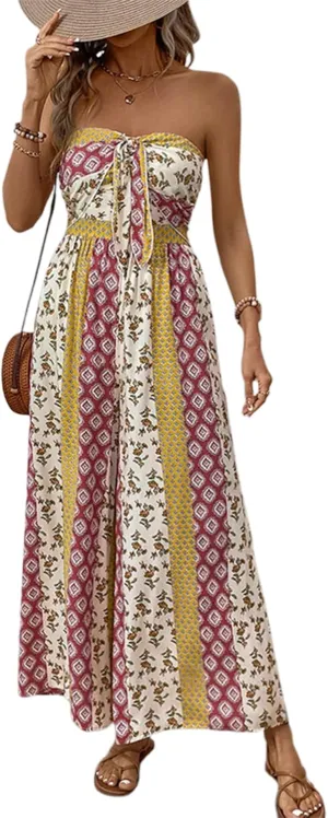 Women's Strapless Twist Front Jumpsuit Casual Off Shoulder Vintage Print High Waist Wide Leg Long Romper Playsuits