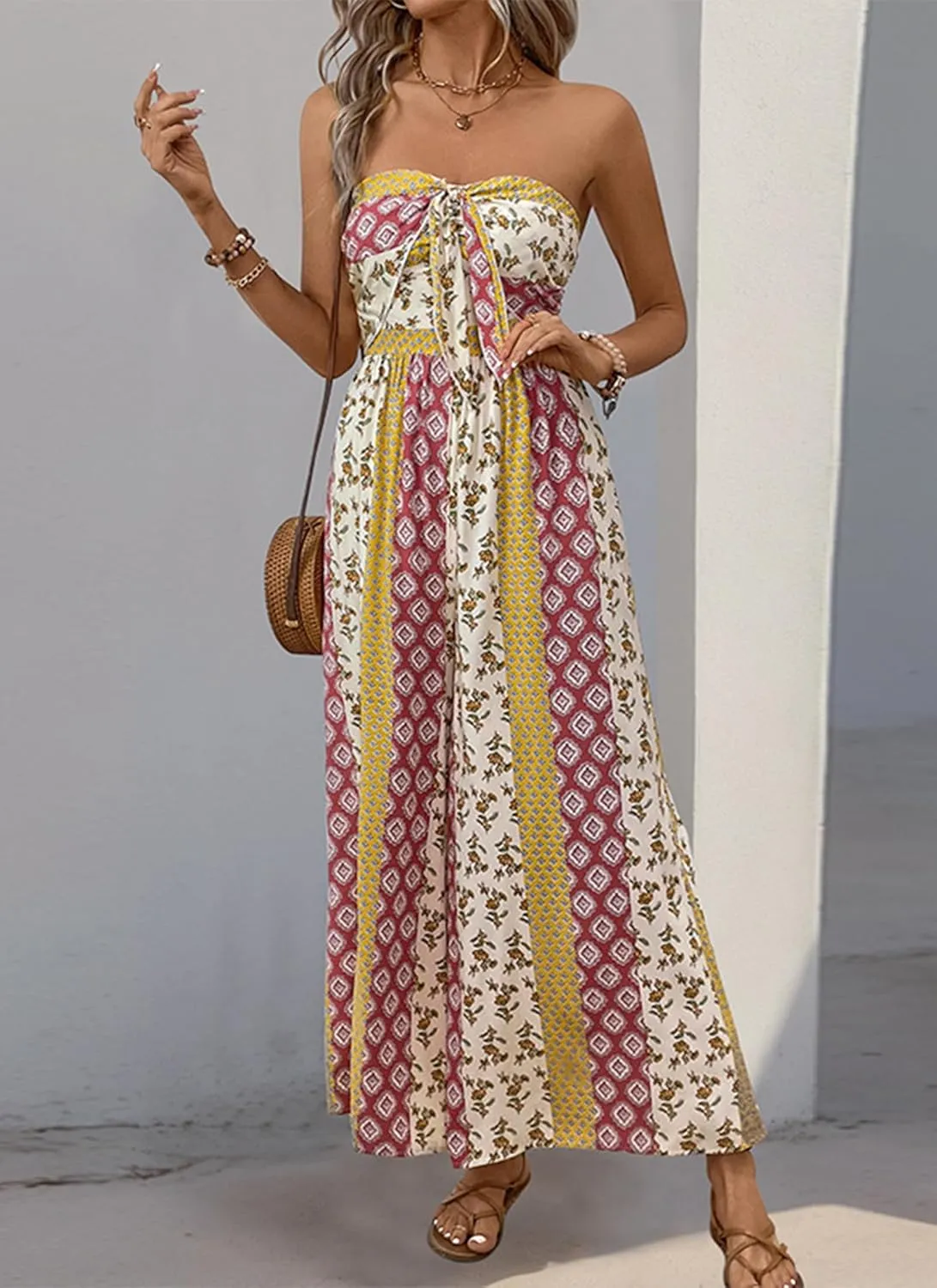 Women's Strapless Twist Front Jumpsuit Casual Off Shoulder Vintage Print High Waist Wide Leg Long Romper Playsuits