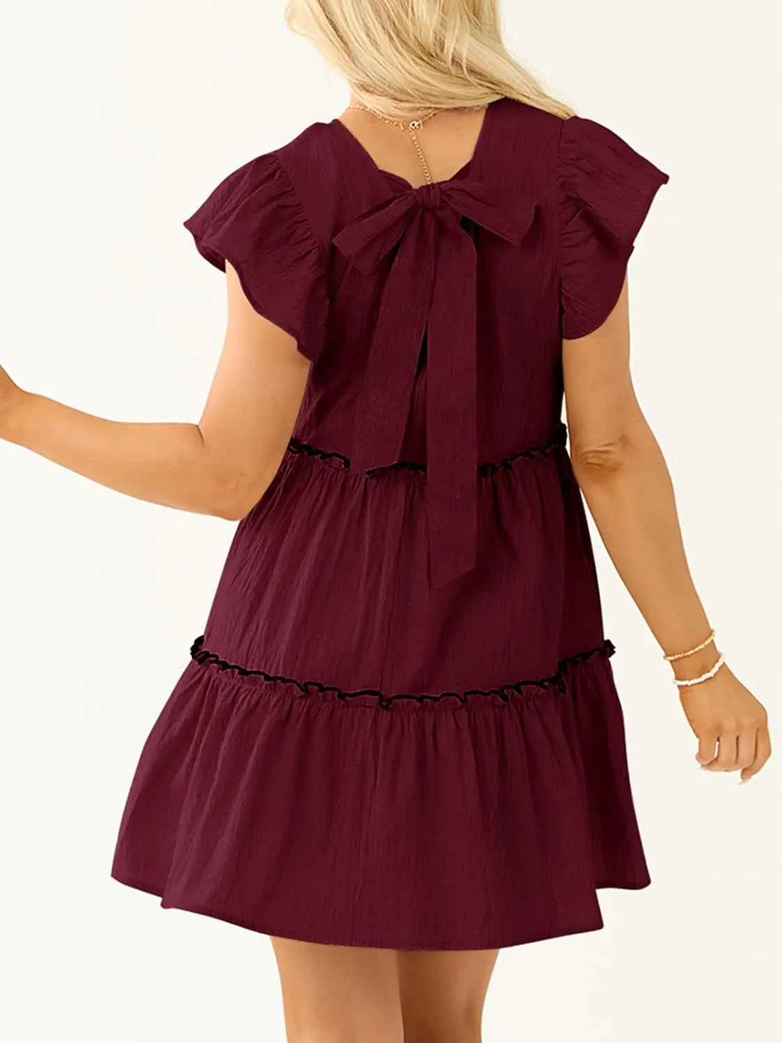 Womens Summer Babydoll Mini Dress V Neck Tie Back Ruffle Sleeve Casual Tiered Loose Flowy Swing Tunic Shift Dress