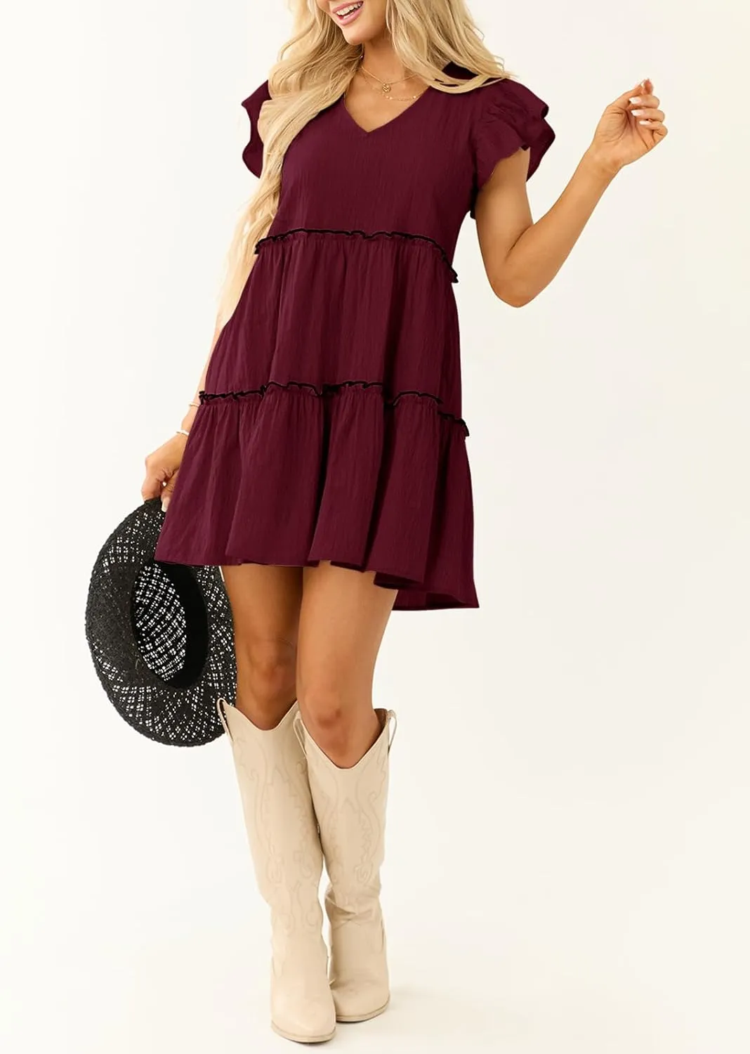 Womens Summer Babydoll Mini Dress V Neck Tie Back Ruffle Sleeve Casual Tiered Loose Flowy Swing Tunic Shift Dress