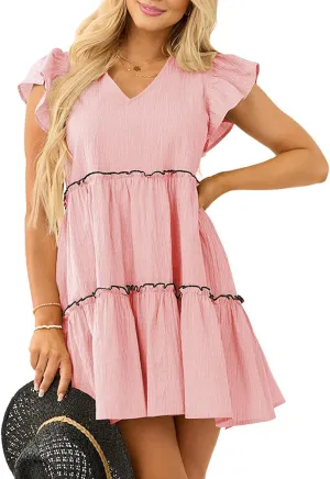 Womens Summer Babydoll Mini Dress V Neck Tie Back Ruffle Sleeve Casual Tiered Loose Flowy Swing Tunic Shift Dress