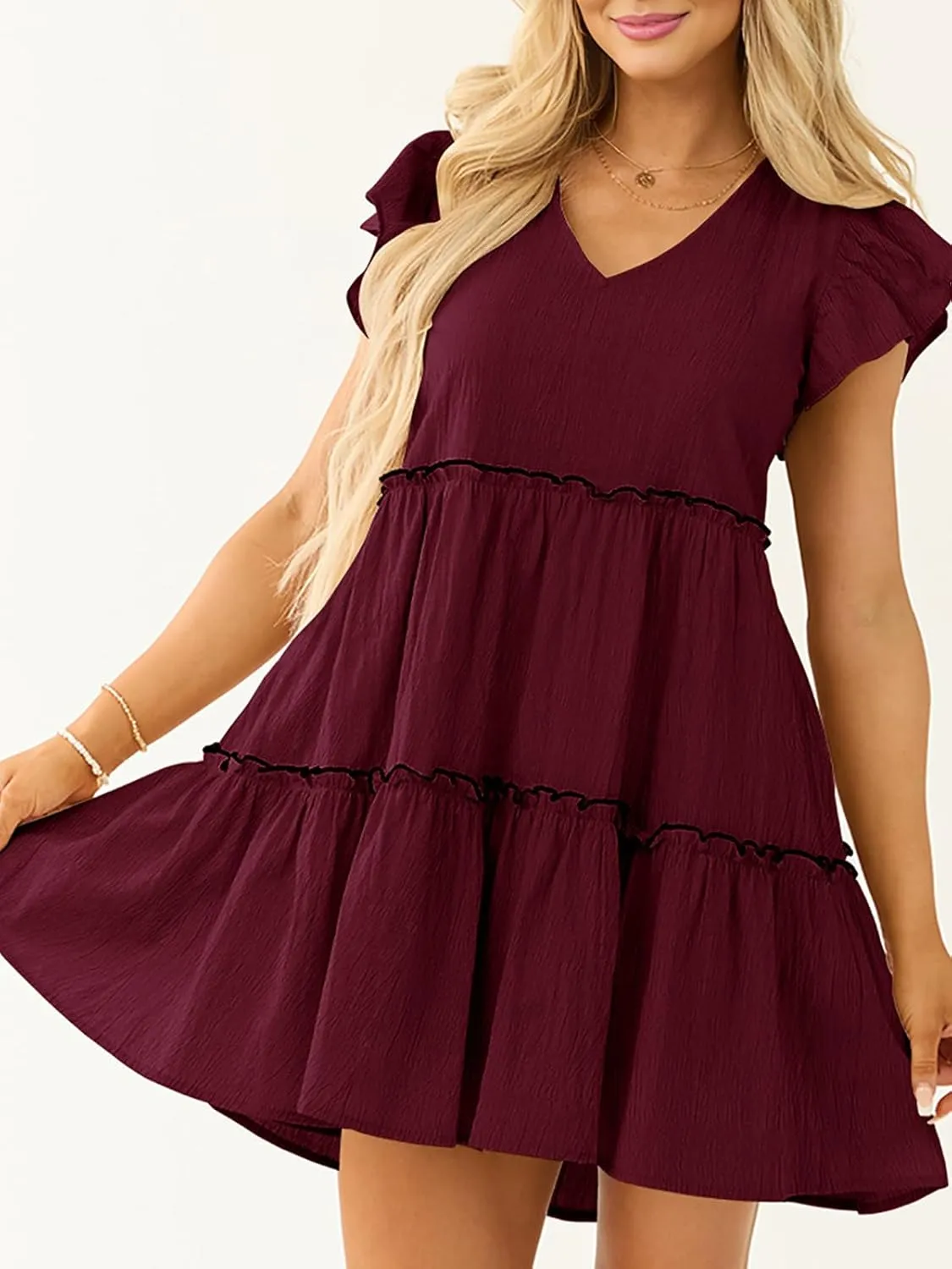 Womens Summer Babydoll Mini Dress V Neck Tie Back Ruffle Sleeve Casual Tiered Loose Flowy Swing Tunic Shift Dress