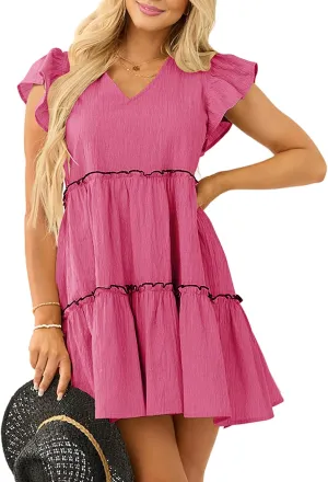 Womens Summer Babydoll Mini Dress V Neck Tie Back Ruffle Sleeve Casual Tiered Loose Flowy Swing Tunic Shift Dress