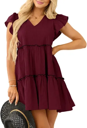 Womens Summer Babydoll Mini Dress V Neck Tie Back Ruffle Sleeve Casual Tiered Loose Flowy Swing Tunic Shift Dress