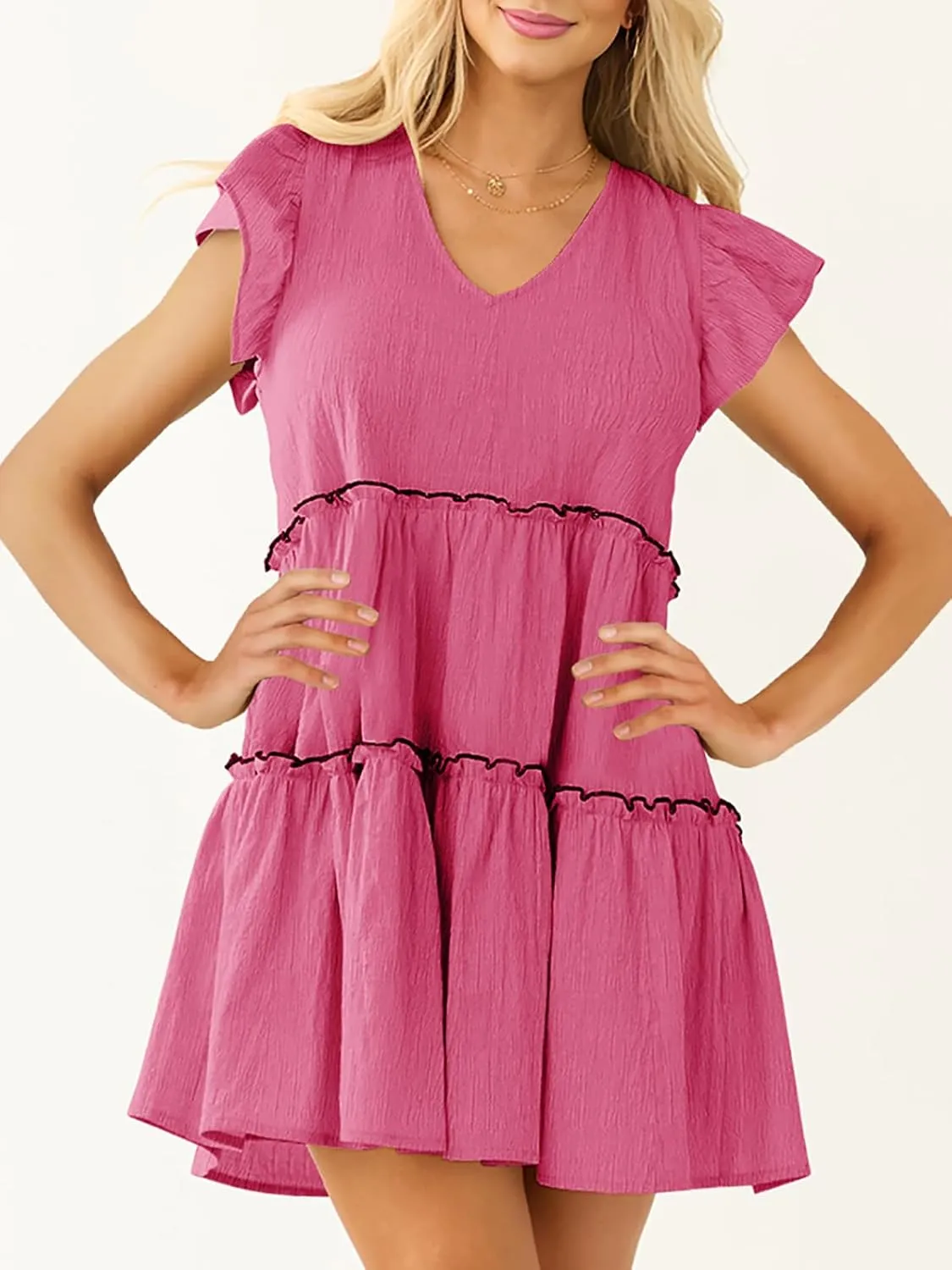 Womens Summer Babydoll Mini Dress V Neck Tie Back Ruffle Sleeve Casual Tiered Loose Flowy Swing Tunic Shift Dress