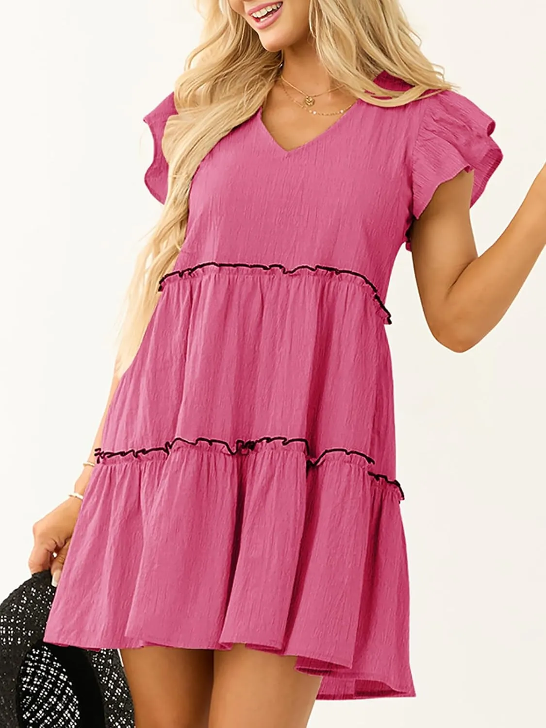 Womens Summer Babydoll Mini Dress V Neck Tie Back Ruffle Sleeve Casual Tiered Loose Flowy Swing Tunic Shift Dress