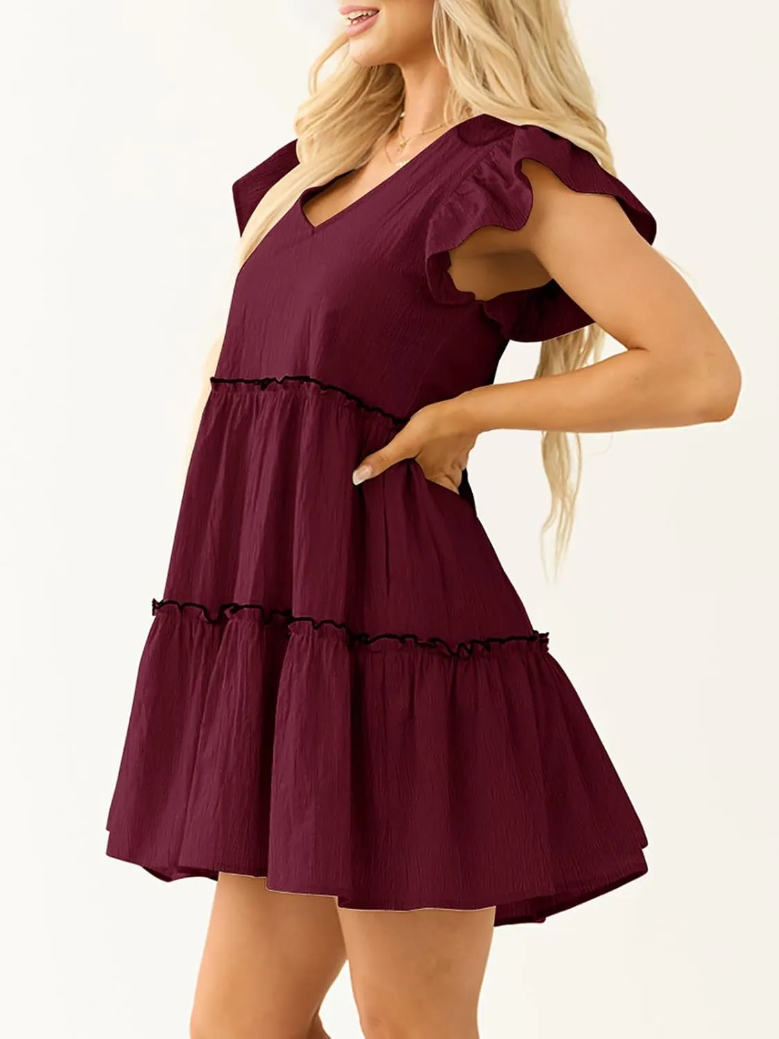 Womens Summer Babydoll Mini Dress V Neck Tie Back Ruffle Sleeve Casual Tiered Loose Flowy Swing Tunic Shift Dress