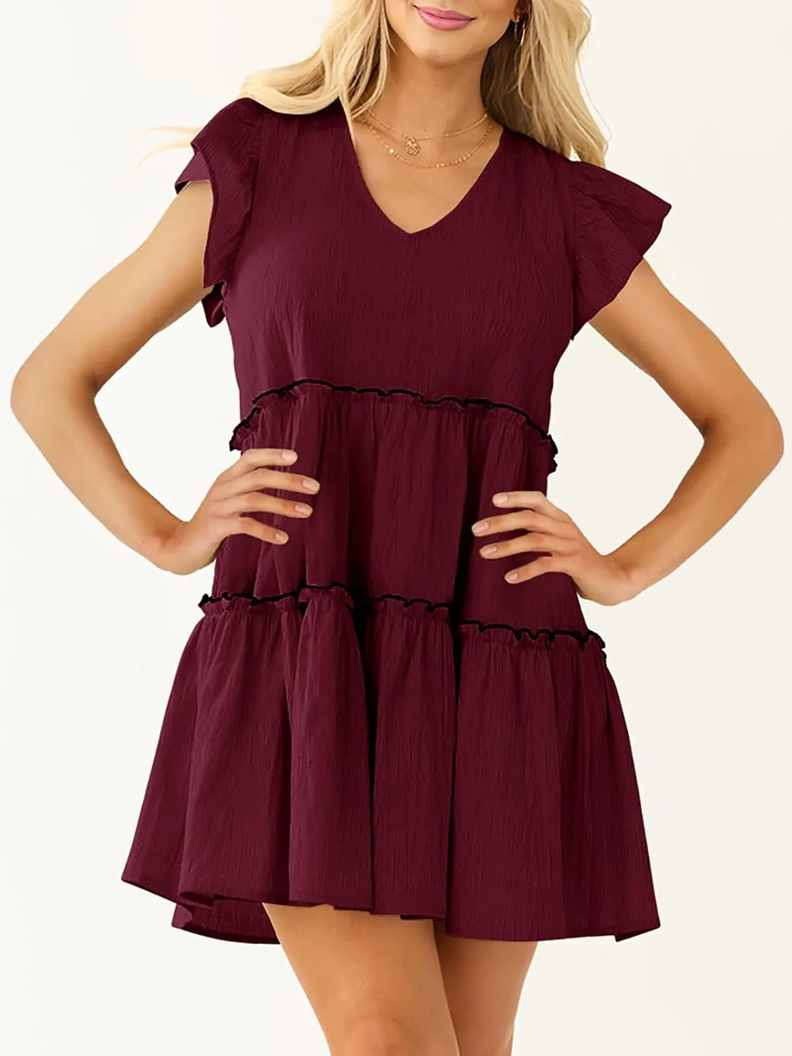 Womens Summer Babydoll Mini Dress V Neck Tie Back Ruffle Sleeve Casual Tiered Loose Flowy Swing Tunic Shift Dress