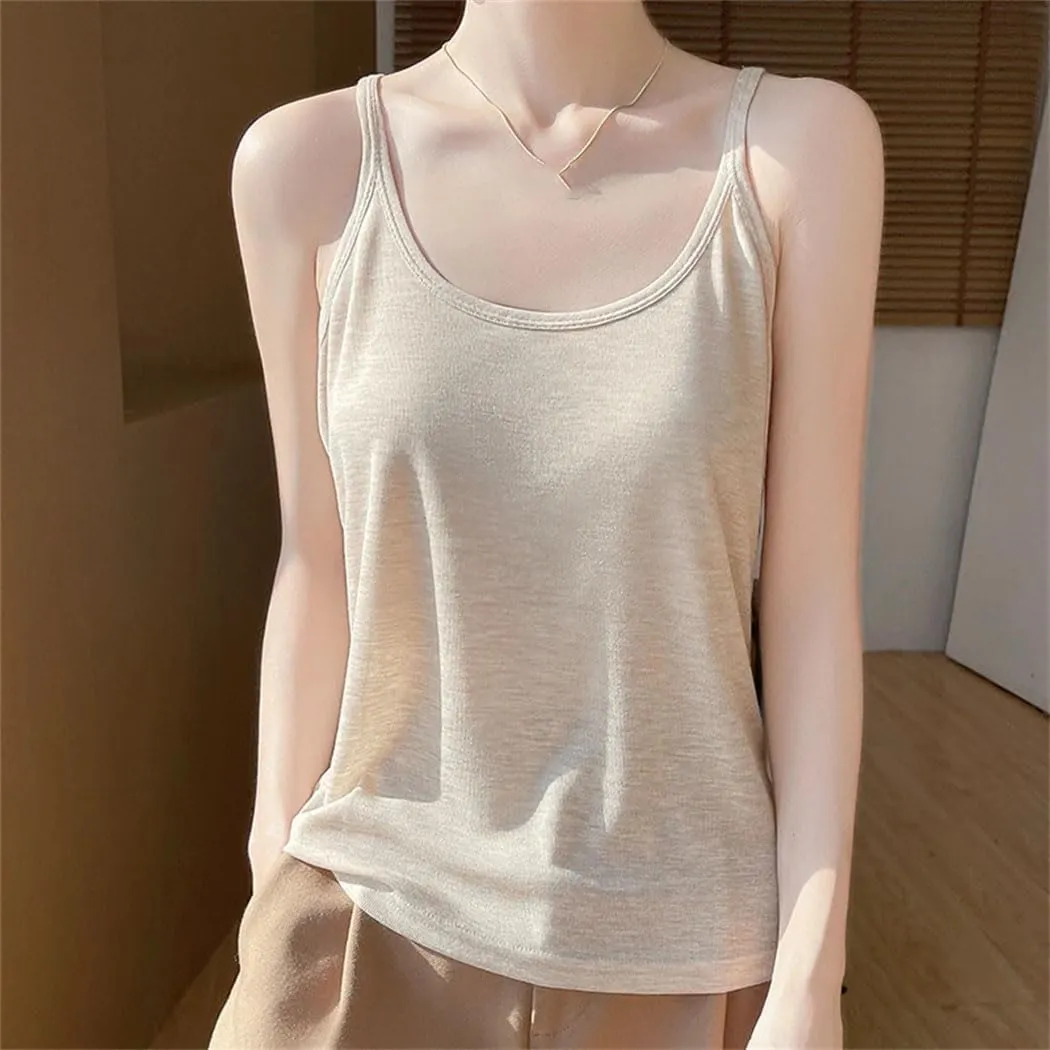 Womens Summer Camisole Vest French Satin U Neck Thin Knitted Sexy Base Layer Camisole Vest