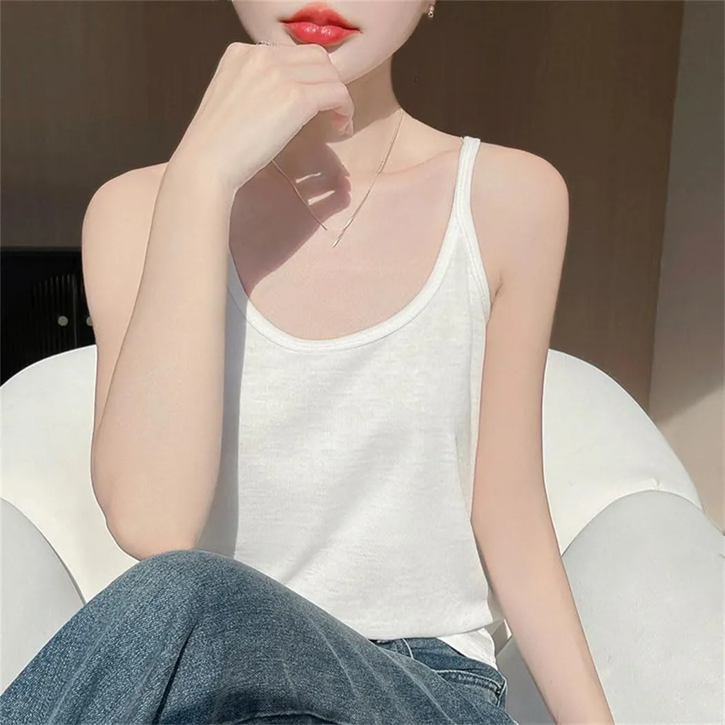 Womens Summer Camisole Vest French Satin U Neck Thin Knitted Sexy Base Layer Camisole Vest