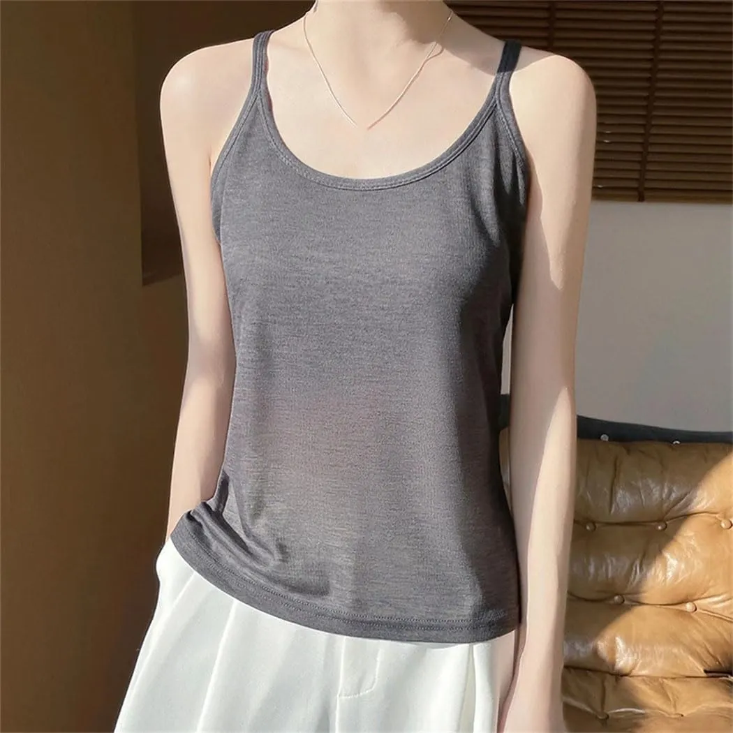 Womens Summer Camisole Vest French Satin U Neck Thin Knitted Sexy Base Layer Camisole Vest