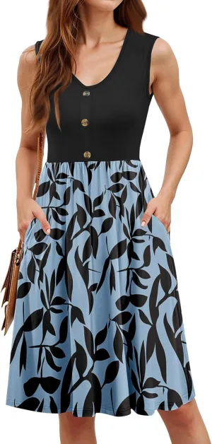 Womens Summer Casual Button Down Mini Dress Floral Beach Sundresses V Neck Flowy A Line Color Block Pocket Tank Dress