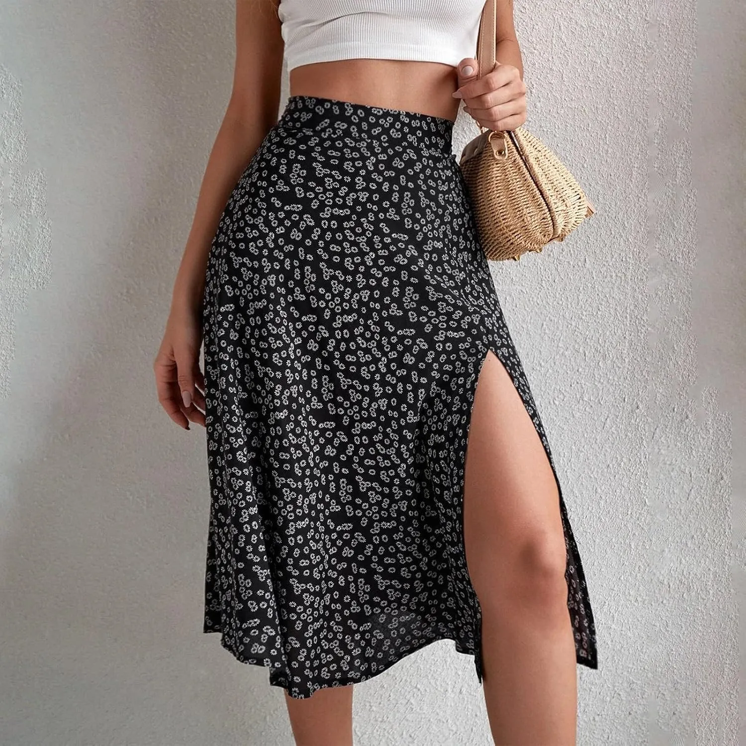 Women's Summer Casual Loose Trendy Elastic High Waist Floral Print Bohemian Split Sun Beach Midi Skirts 2025, S-3XL