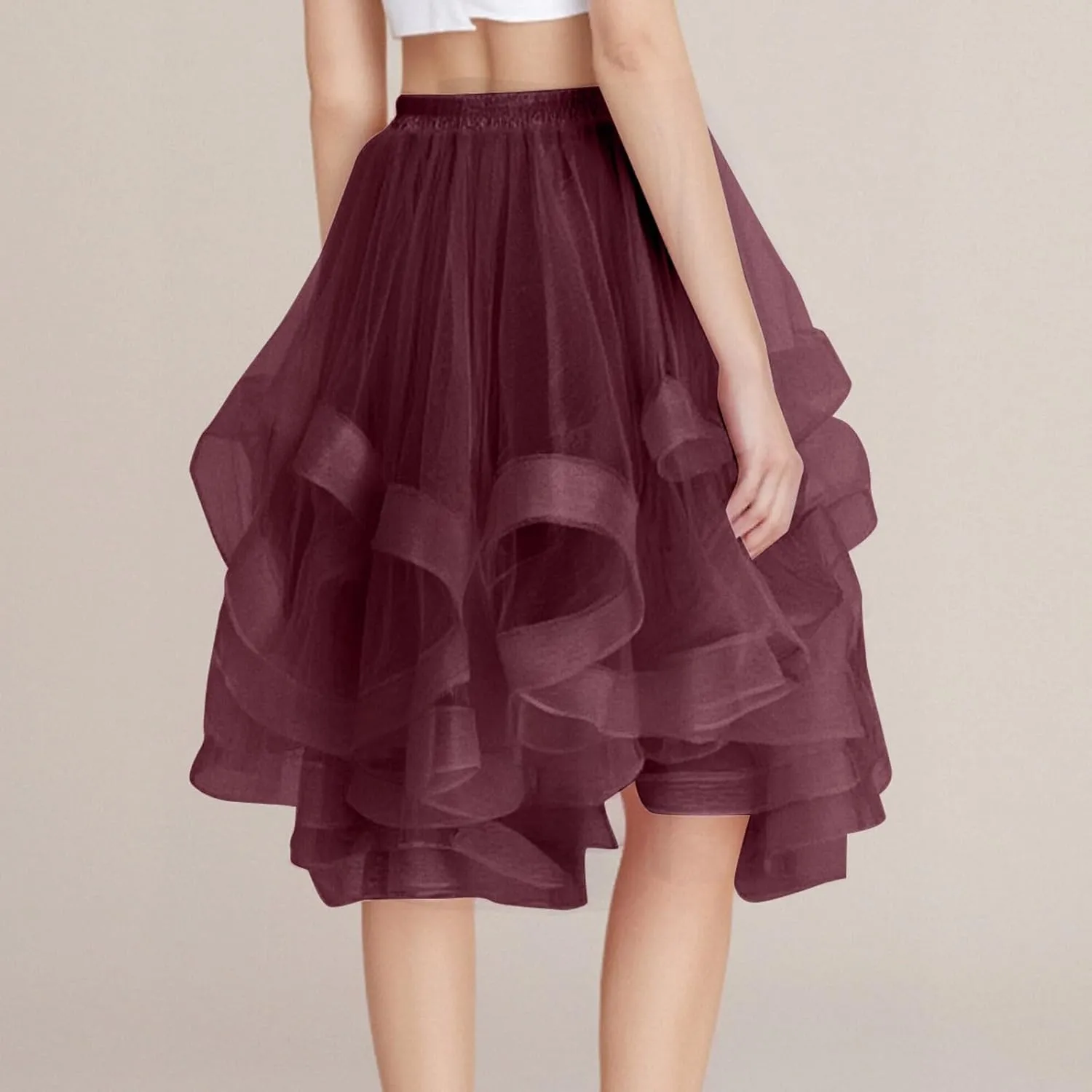 Women's Summer Casual Loose Trendy Elastic High Waist Solid Color Fluffy Mesh Party Latin Dance Flowy Skirts, S-XL