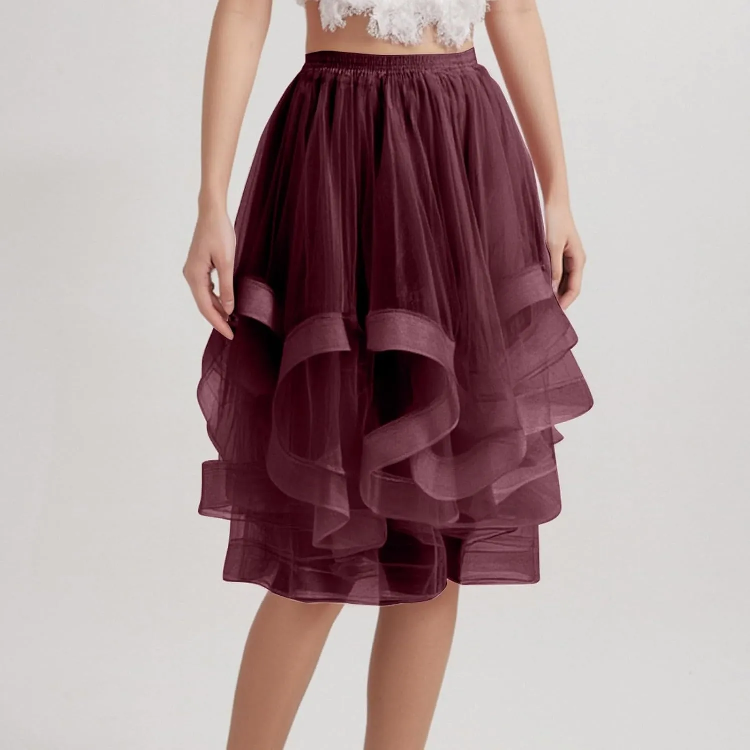 Women's Summer Casual Loose Trendy Elastic High Waist Solid Color Fluffy Mesh Party Latin Dance Flowy Skirts, S-XL