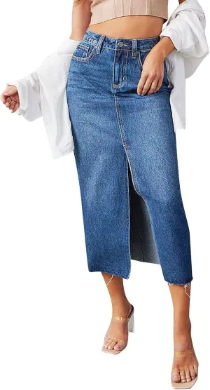 Women's Summer Casual Midi Denim Skirt High Waist Solid Split Skirts