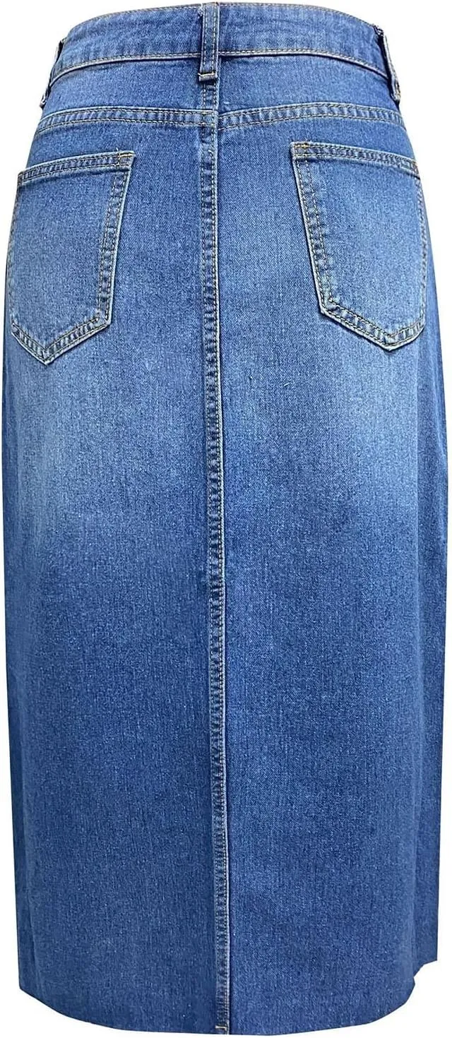 Women's Summer Casual Midi Denim Skirt High Waist Solid Split Skirts