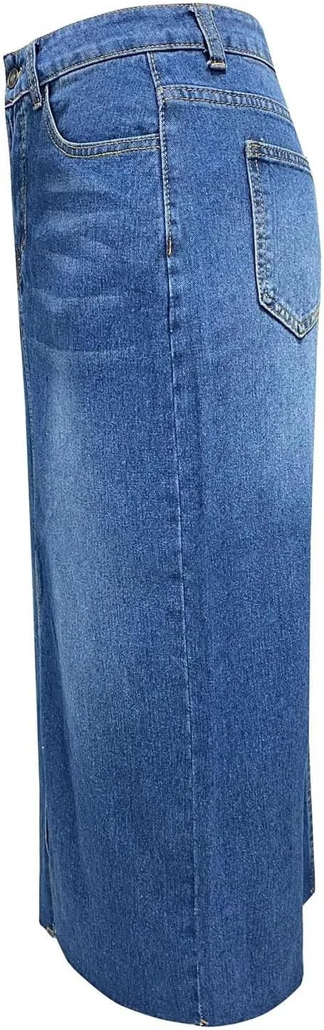 Women's Summer Casual Midi Denim Skirt High Waist Solid Split Skirts