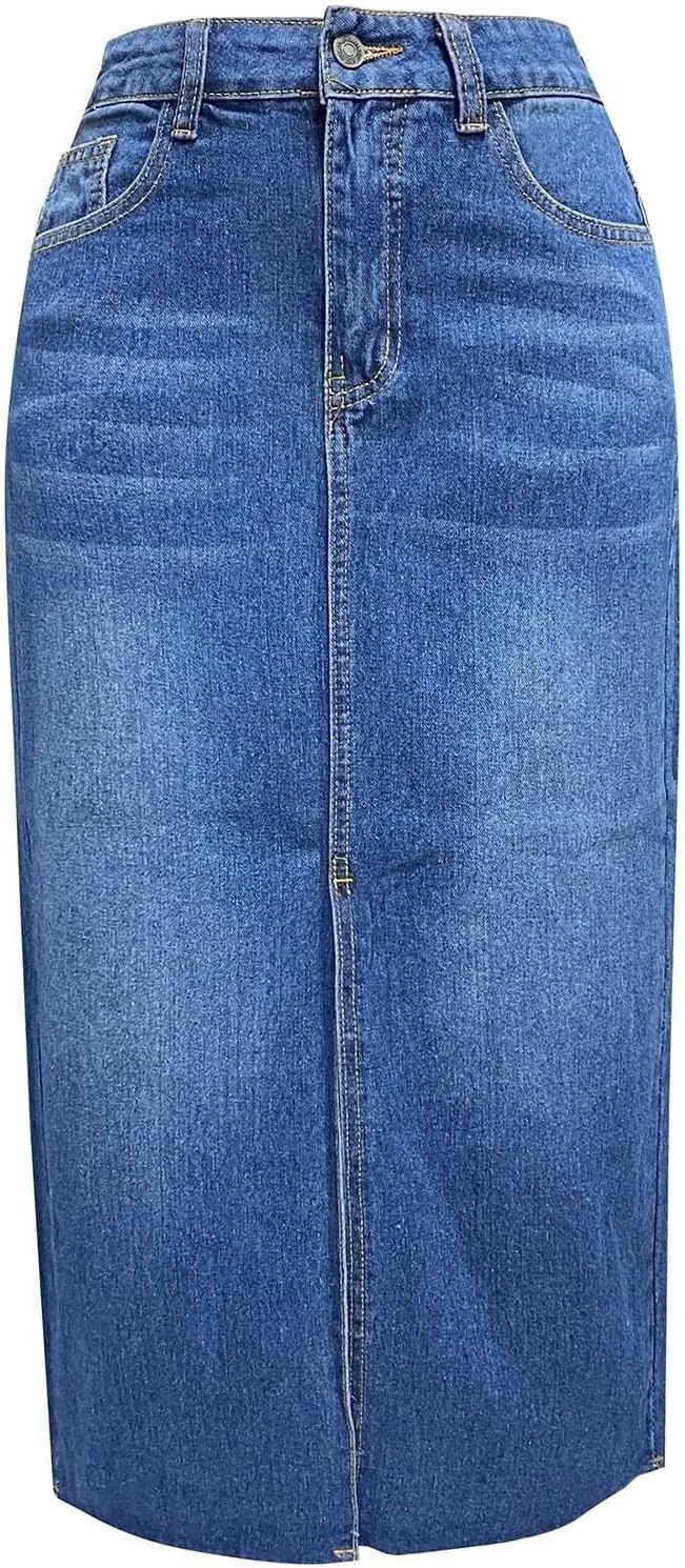Women's Summer Casual Midi Denim Skirt High Waist Solid Split Skirts