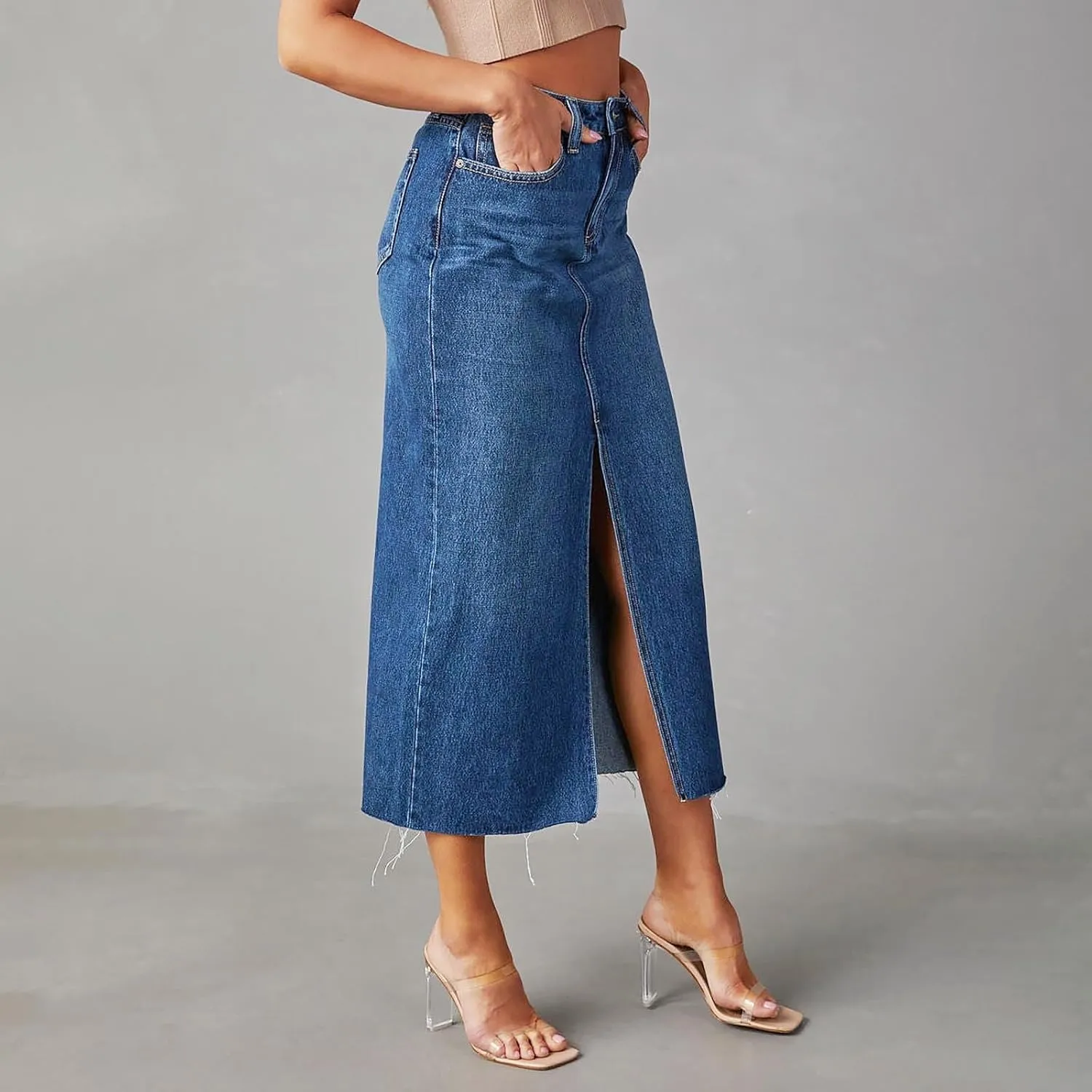 Women's Summer Casual Midi Denim Skirt High Waist Solid Split Skirts
