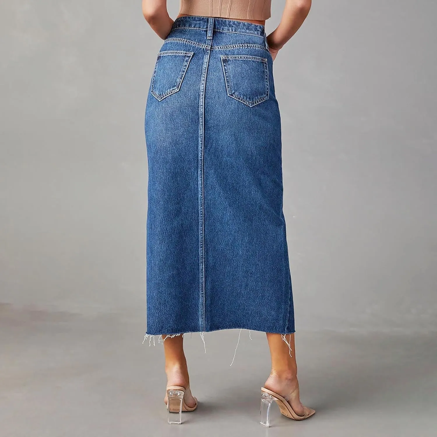 Women's Summer Casual Midi Denim Skirt High Waist Solid Split Skirts