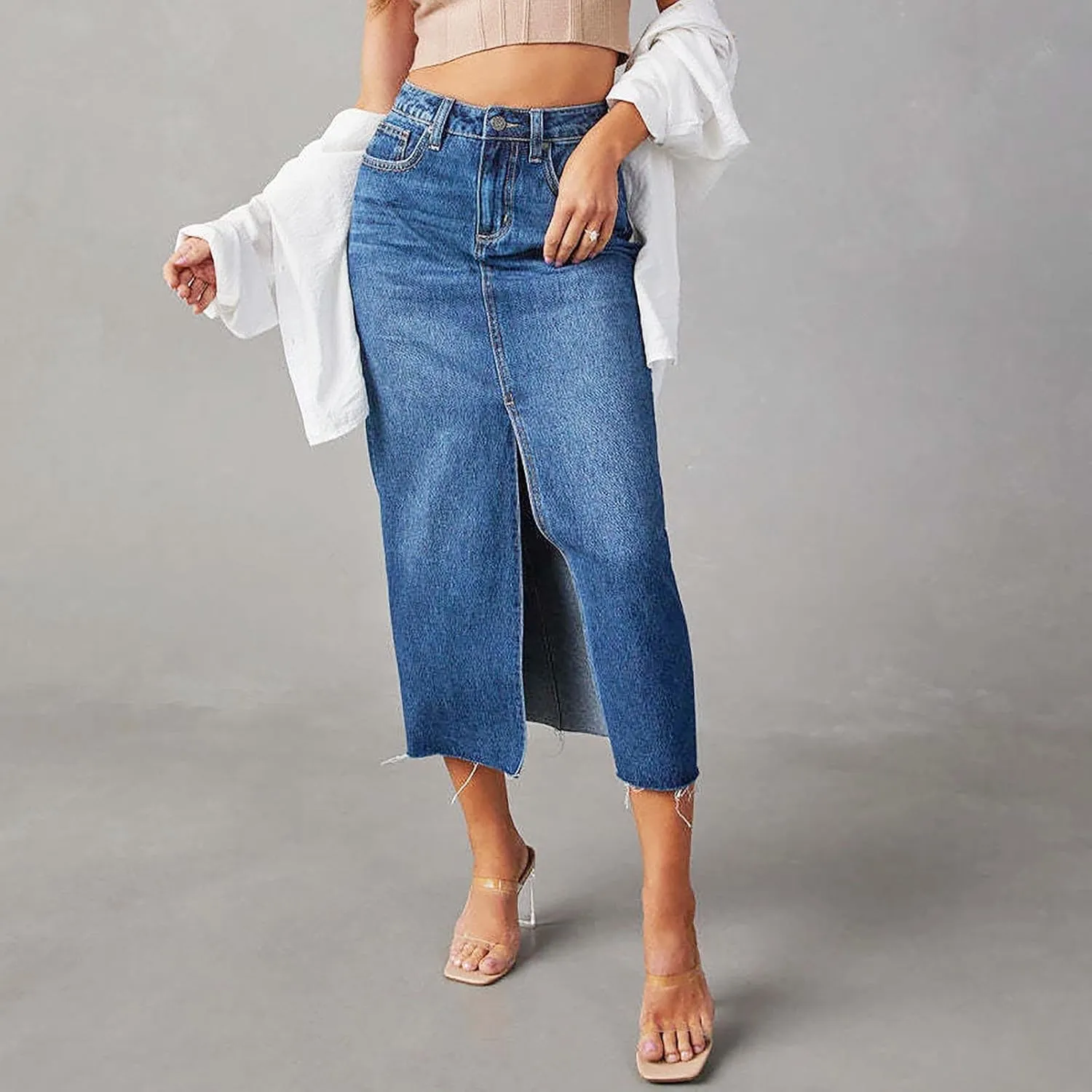 Women's Summer Casual Midi Denim Skirt High Waist Solid Split Skirts