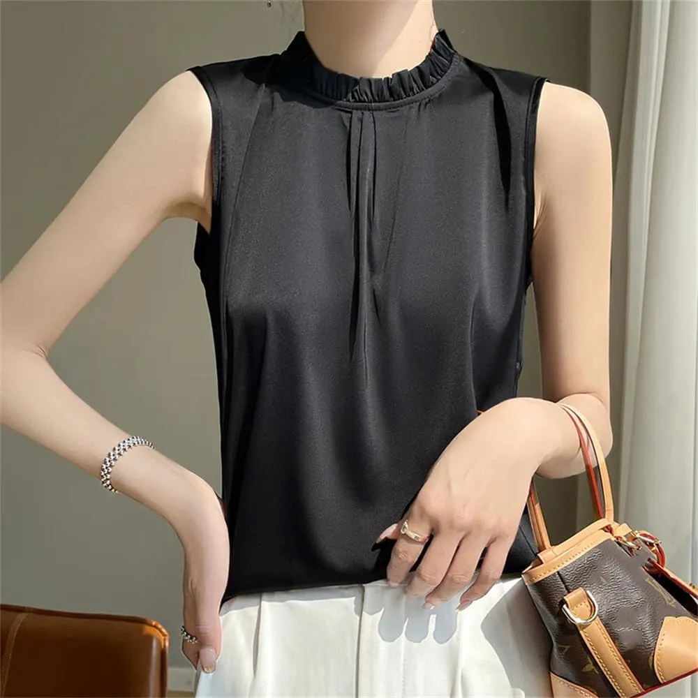 Women's Summer Casual Silk T-Shirt Vest Loose Solid Frill Collar Satin Camisole Tops