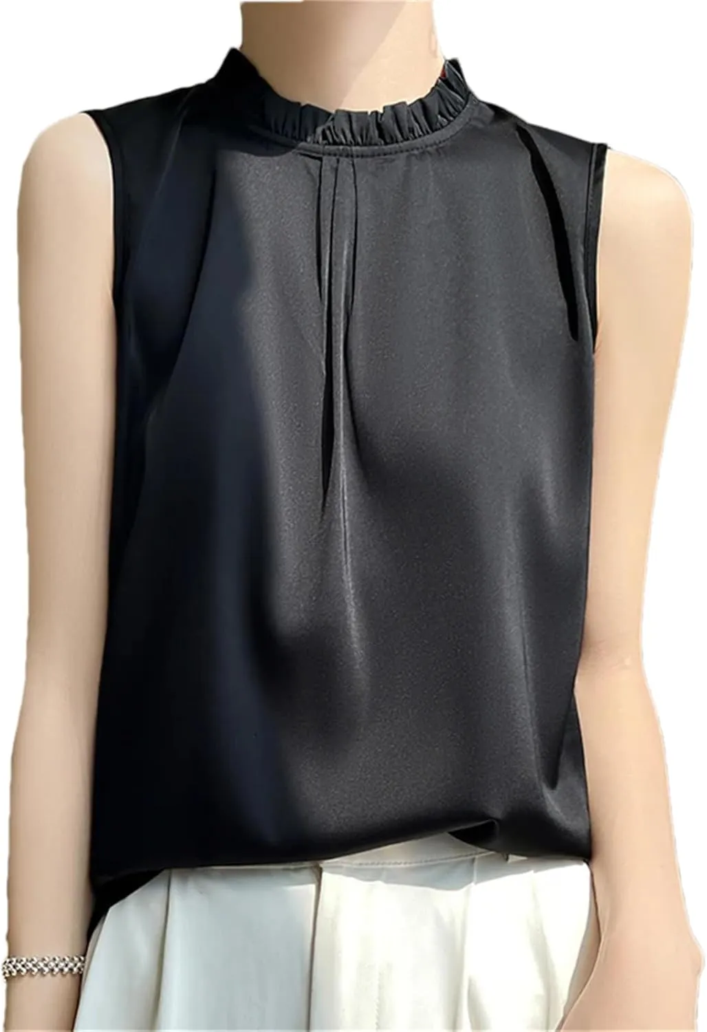 Women's Summer Casual Silk T-Shirt Vest Loose Solid Frill Collar Satin Camisole Tops