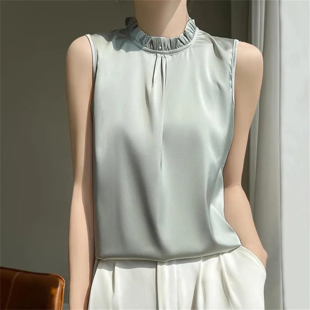 Women's Summer Casual Silk T-Shirt Vest Loose Solid Frill Collar Satin Camisole Tops